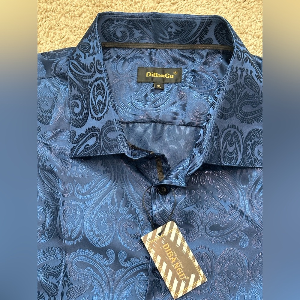 DiBanGu Men’s Blue Paisley Silk Blend Long Sleeve Button Down Shirt Size XL NWT - Picture 3 of 7